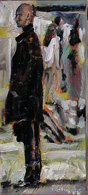 Linie 4.7, Mann wartend auf die Straßenbahn, gemalt mit Ölfarben